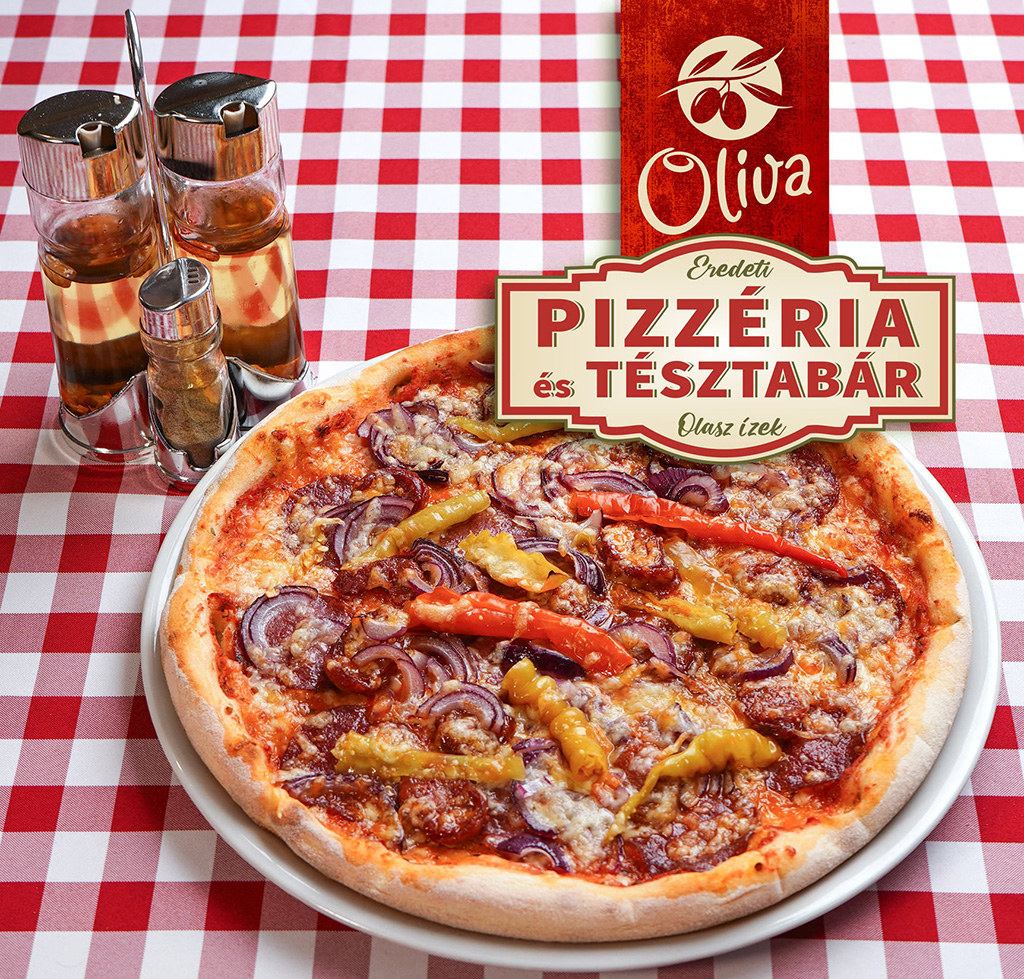 Magyaros pizza az Oliva Pizza és Tésztabár logójával